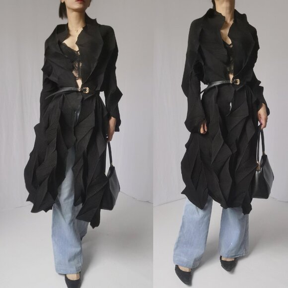Issey Miyake pleats please black deconstructed duster robe trench coat - Picture 8 of 10